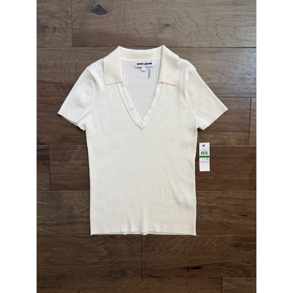 DKNY Jeans Tops - NWT DKNY Jeans Polo Sweater Womens‎ L Ivory Ribbed Knit Short Sleeve V-Neck